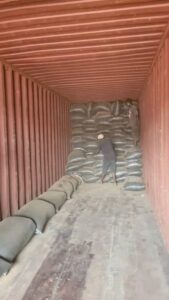 Workers loading bagged cocoa shells into a 40ft shipping container for export at Nigerian port